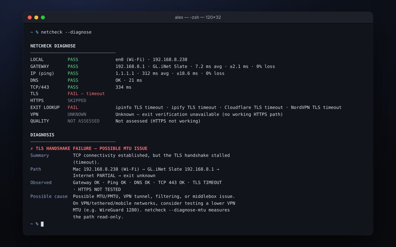 Terminal window running netcheck --diagnose: local, gateway, ping, DNS and TCP 443 pass, TLS fails with a timeout, and the diagnosis reads TLS handshake failure — possible MTU issue