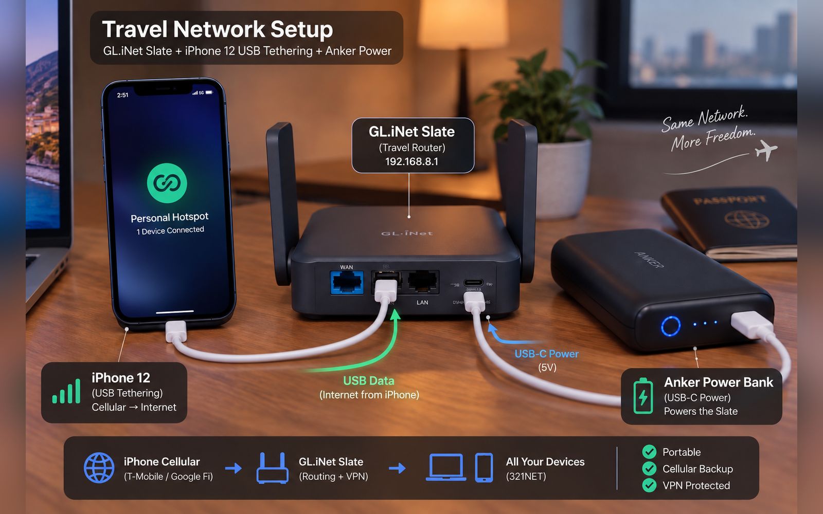 Illustration of the travel setup: an iPhone tethered over USB to a GL.iNet Slate travel router powered by a battery pack, sharing a VPN-protected network with all devices