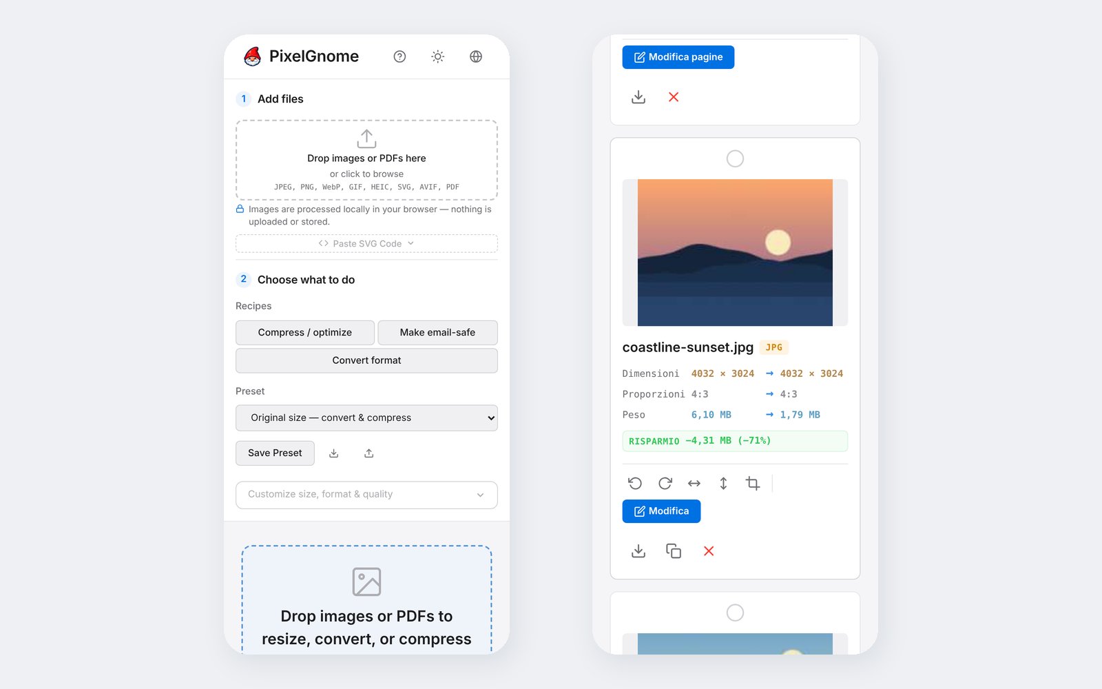 Two phone screenshots: the PixelGnome workflow in English, and a processed photo card in Italian with comma decimals