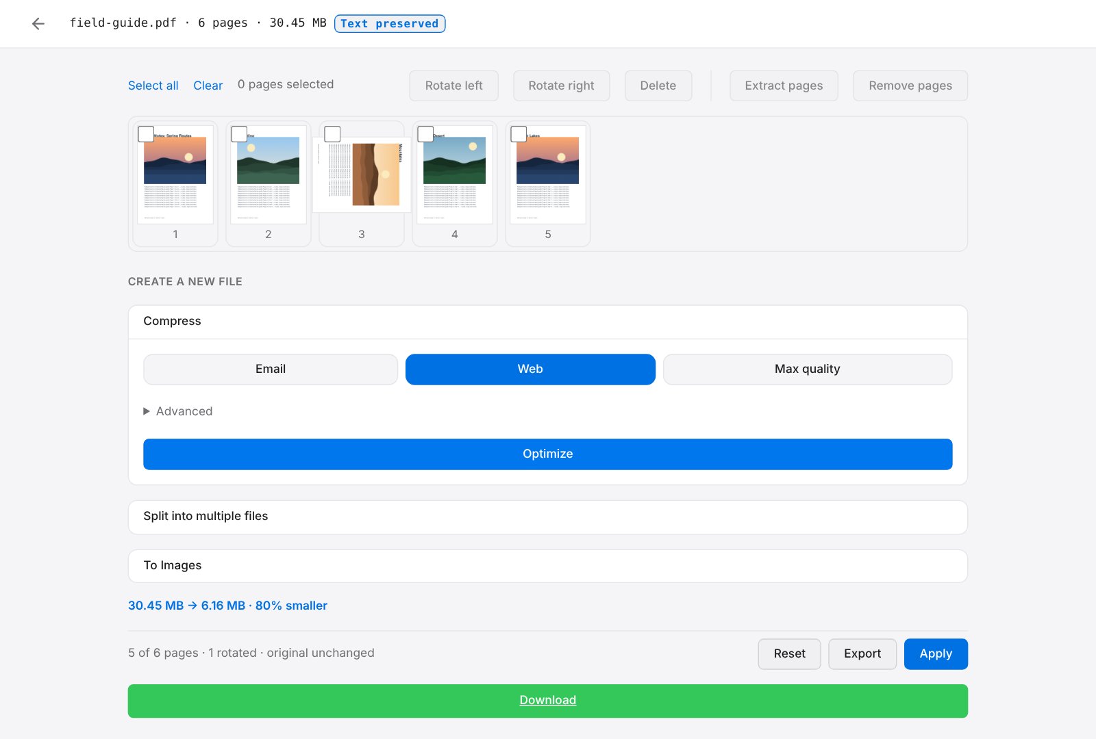 The PDF editor: a grid of page thumbnails with one page rotated and one deleted, Compress, Split and To Images panels, and a 30.45 MB to 6.16 MB result