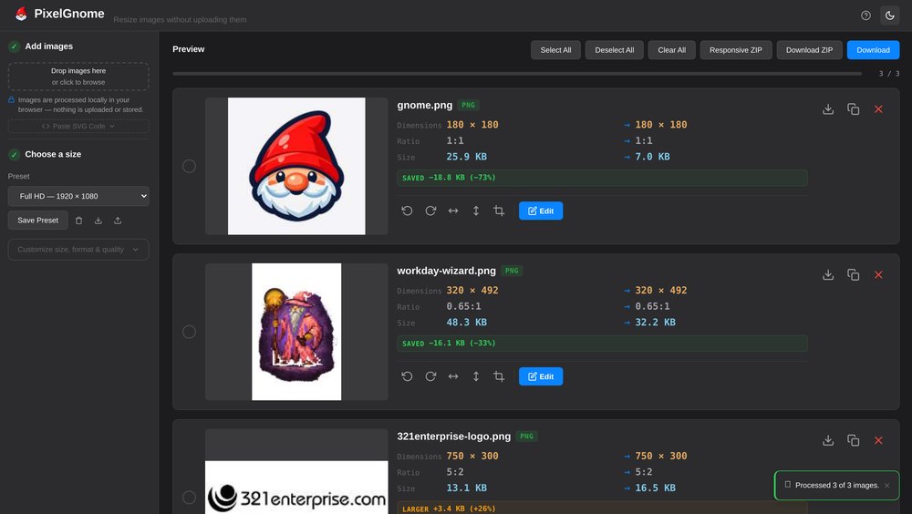 Pixel Gnome — privacy-first image resizer screenshot