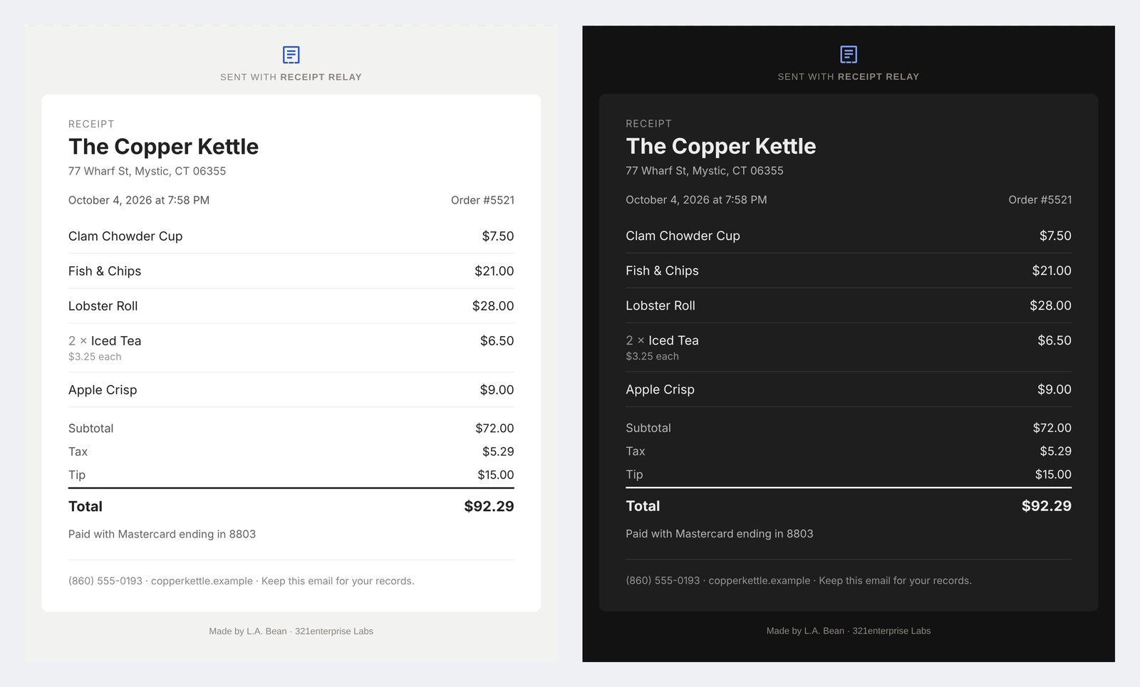 The same receipt email shown in light mode and in dark mode, side by side