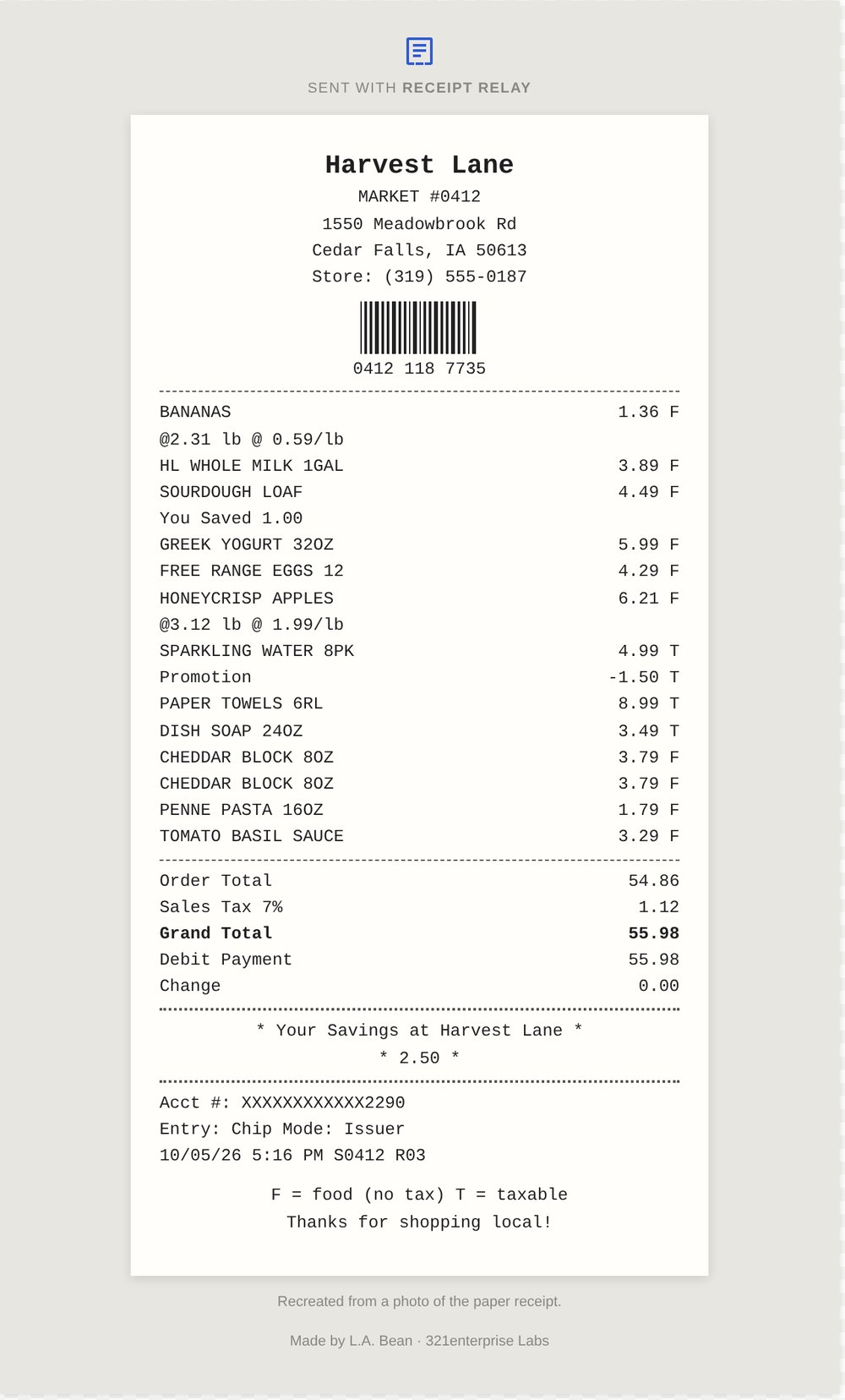 The Paper template: a line-by-line monospace recreation of a printed grocery receipt, including barcode and tax codes