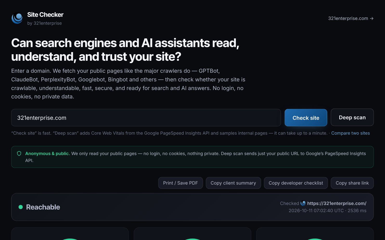 The Site Checker start screen: the headline “Can search engines and AI assistants read, understand, and trust your site?”, a domain field with Check site and Deep scan buttons, a privacy note, and the report toolbar