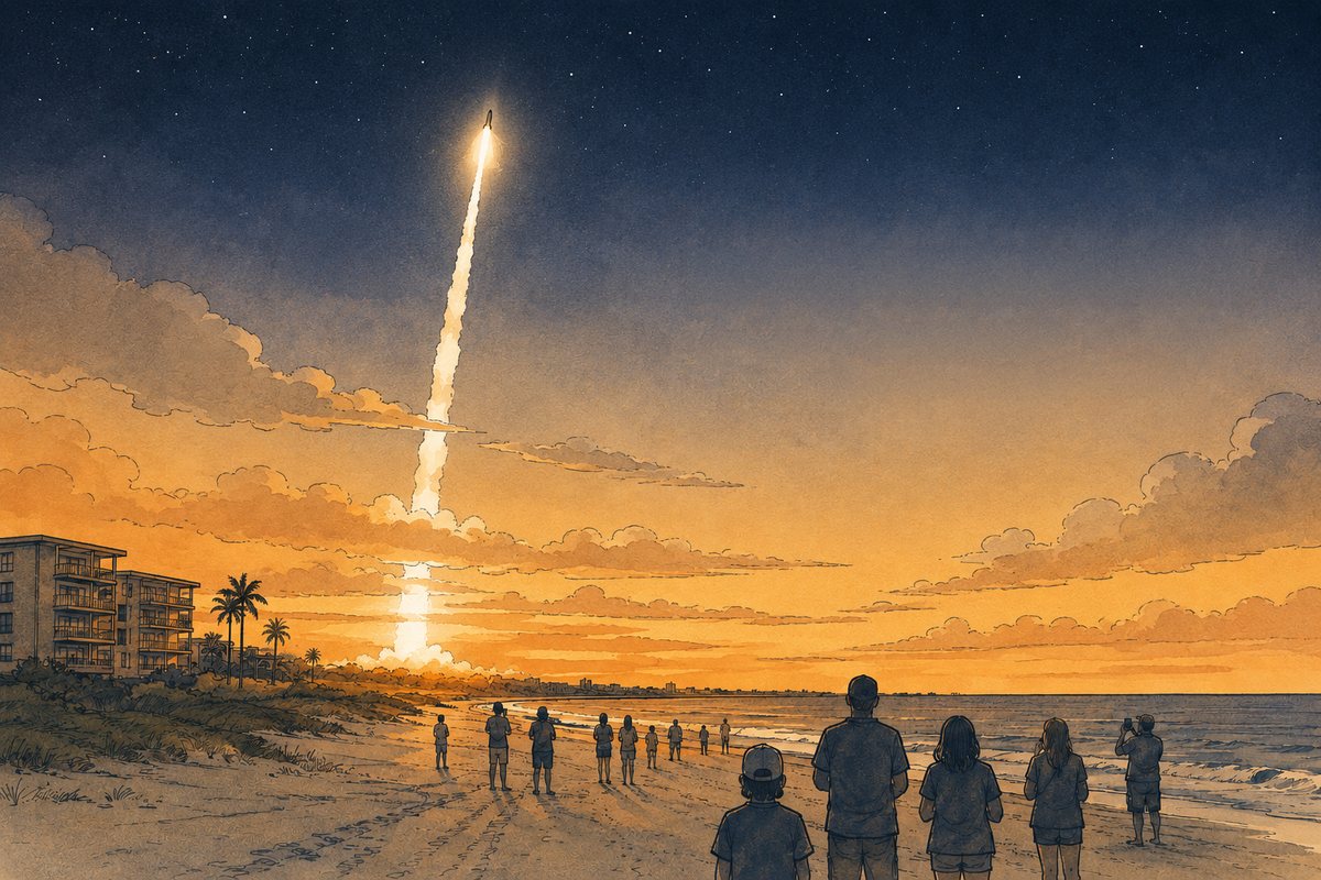 Watercolor illustration of people watching a rocket launch from a Florida Space Coast beach at sunset