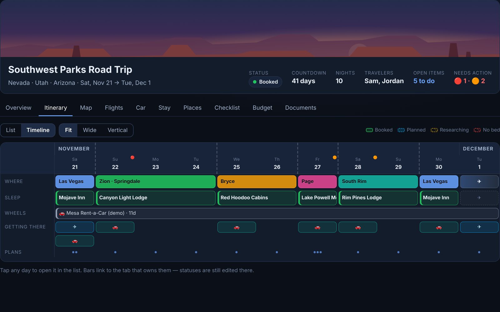TripBase timeline of a ten-night road trip: lanes for where you are, where you sleep, the rental car and each travel day, from Las Vegas through Zion, Bryce, Page and the Grand Canyon